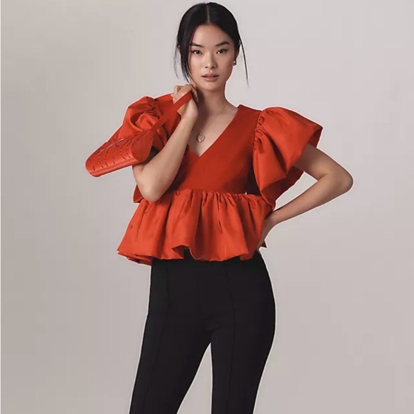 Anthropologie Tops - Anthropologie Sunday in Brooklyn Vibrant Red Heart Ruffle Cap Sleeves Blouse NWT